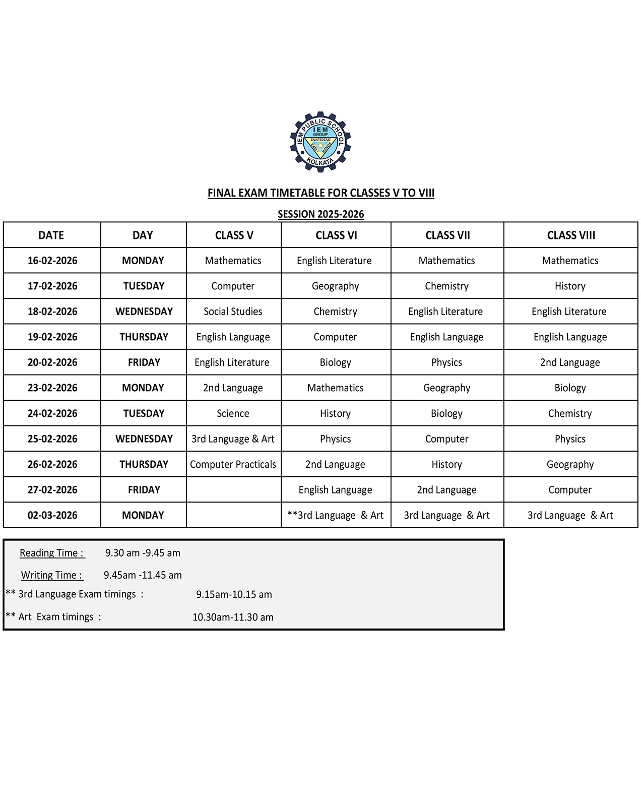 Exam Time Table 25-26 (Class V to VIII)